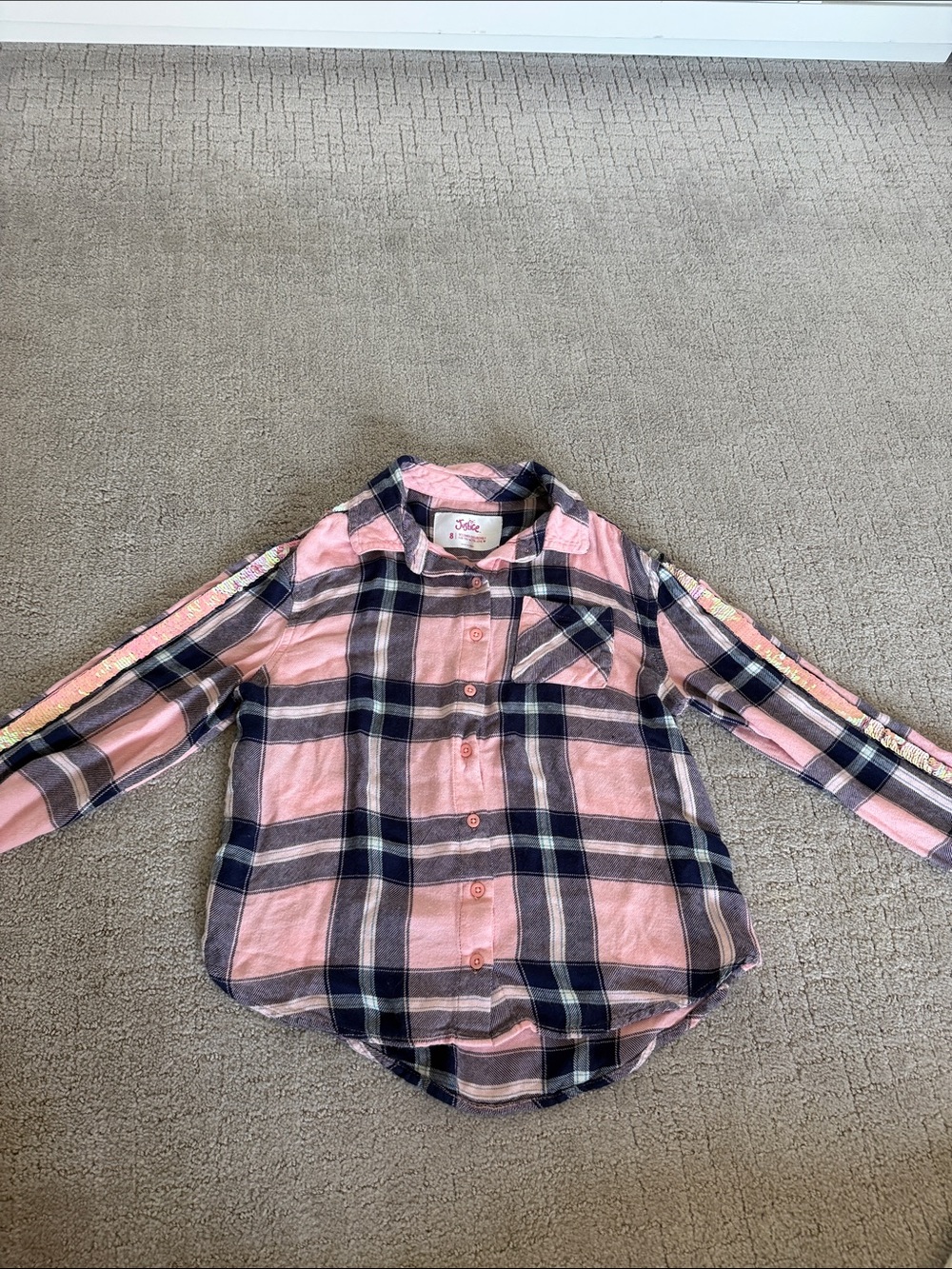 Girls Justice Pink Plaid Button-Up Shirt with flipee sleeves